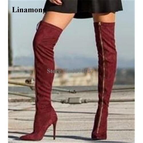 Women Fashion Design Pointed Toe Suede Leather Over Knee Thin Heel Boots Zipper Decorated Long High Heel Boots Party Shoes