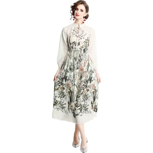 Vetement Femme 2021 Newest Fall Long Sleeve Woman`s Long Dress O-Neck Floral-Print Elegant Party Vacation Maxi Dresses Vestidos