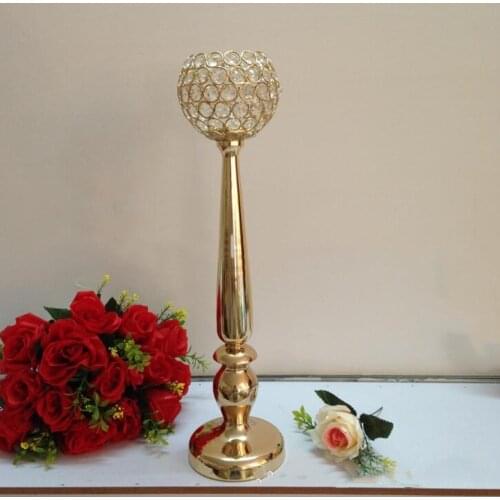 Gold Candle Holder With 12 CM Crystals Ball Wedding Event or Party Candle Stand Home Decor Candlestick 1 Lot = 10 Pcs