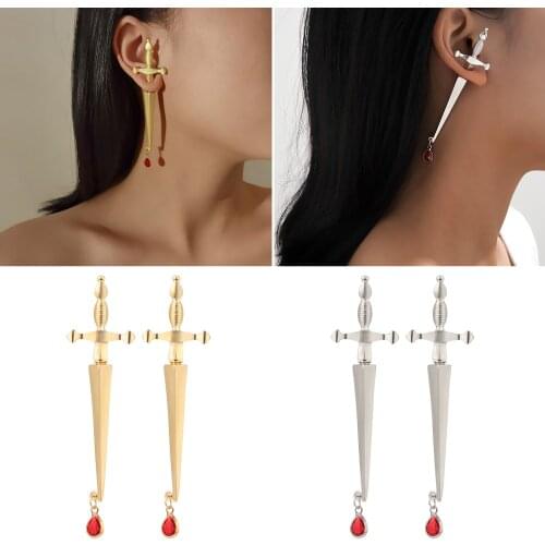 1PC Hot Fashion Gothic Long Earrings Dagger Sword Stud Cross Hiphop Ear Studs Party Punk Jewelry Accessories Gift for Men Women