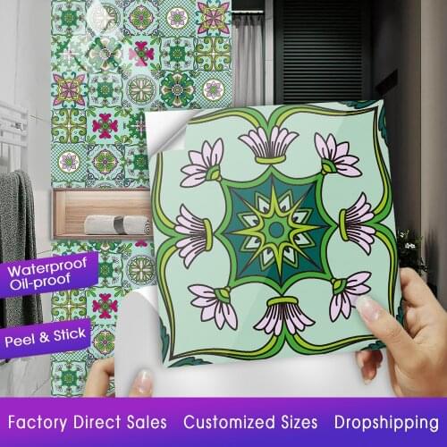 10pcs/set Green Floral Ornament Hard Ceramics Wall Sticker Kitchen Home Renovation Wall Decals Shine Surface PVC Tiles Art Mural