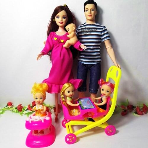6 People Family Doll Suits Mom/ Dad/ Son Baby/ Kelly/Carriage Girls Toys Fashion Pregnant Doll Kid Toys Birthday Gift Baby Doll
