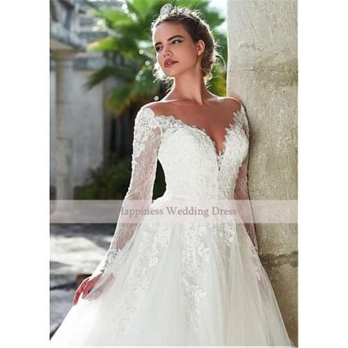 Elegant A-Line Long Sleeve Wedding Dresses White Illusion Back Tulle Gowns Vestido De Noiva Back 2020