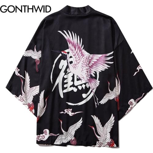 GONTHWID Japanese Style Cranes Print Kimono Cardigan Jackets Coat Tops Hip Hop Fashion Harajuku Casual Streetwear Jacket Coats