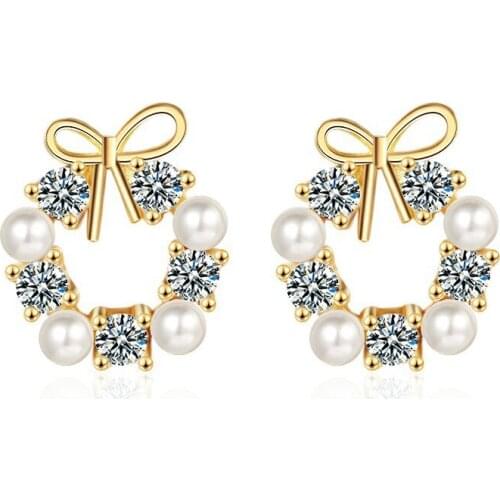 Korean Fashion Bow Stud Earrings Gold Plated Exquisite Zircon Pearl Earrings Stud Elegant Womens Banquet Party Jewelry