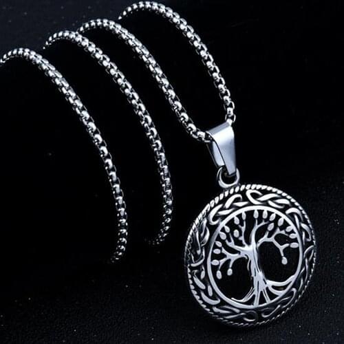 HNSP Vintage Viking Tree Of Life Round Pendant Necklace For Men Male Stainless steel chain