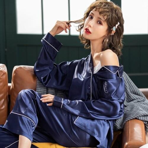 Ice Silk Pajamas Women Spring Autumn Long-sleeved Ladies Sweet Large size loose homewear Two Pieces Sets NW37