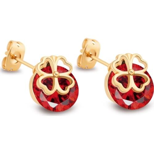 Love & Annie Gold Color Stud Earrings Hollowed Out Flower Shape Round White Red Purple AAA Zircon for Women Jewelry