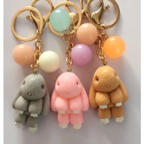 New Resin Cute Rabbit Keychain Pendant Round Beads Animal Key Chain Women Bag Charms Car Key Ring For Bag Accessories Party Gift