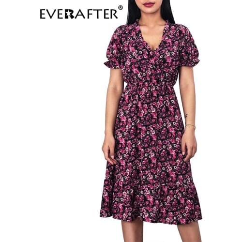 EVERAFTER Vintage chic rose red dress women A-line floral print boho dress high waist v-neck beach wear slim female sundress