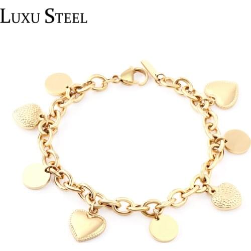 LUXUSTEEL friendship bracelets pulsera Classic Style Gold Color Round Heart Pendants Cuban Link Chains Bracelets Women Party