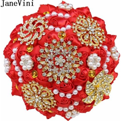 JaneVini Luxurious Gold Crystal Rhinestone Wedding Bouquet Bridal Red Artificial Flowers Pink Pearls Satin Rose Beaded Bouquets