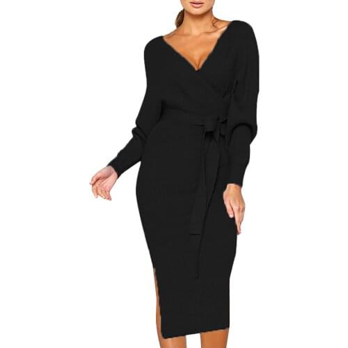 V-neck Dresses For 2021 Womens Fashion Knitted Vestidos Long Sleeve Sexy Hip Wrap Warm Long Dress Sashes Empire Solid Sukienka