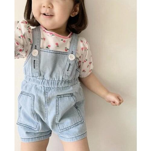 Western style adjustable elastic waist men and women baby casual denim overalls 22D1348