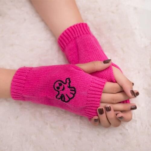 1 Pair Women Fingerless Gloves Half Finger Knitted Mittens Winter Soft Warmer Basic Female 11 Colors Embroidery Ghost Gloves