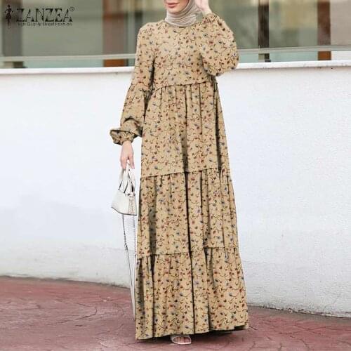 Elegant Print Ruffle Dress Womens Muslim Sundress ZANZEA Casual Puff Sleeve Maxi Vesitdos Female Layered Printed Robe