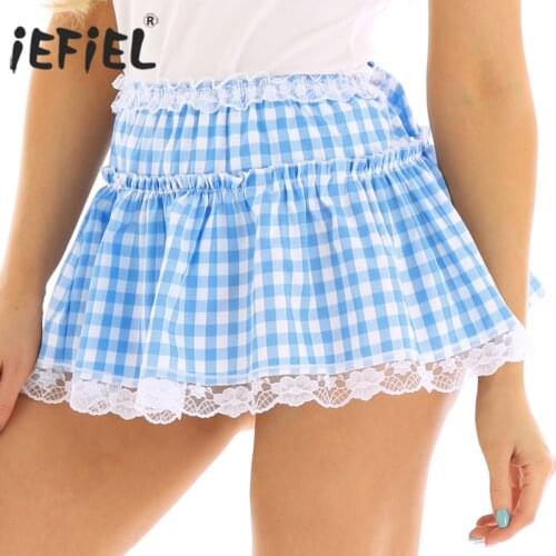 Womens Mens Sexy Babydoll for School Girls Costume Elastic Waistband Skirt with Lace Hem Pleated Sissy Cosplay A-line Mini Skirt