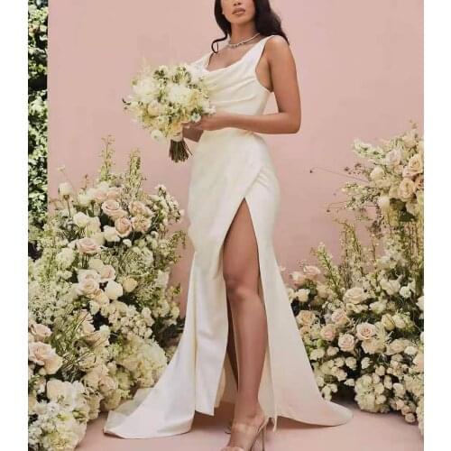 Sexy Long Mermaid Satin Wedding Dresses with Slit Floor Length Pleated Vestidos de novia Abendkleider Bridal Gowns for Women