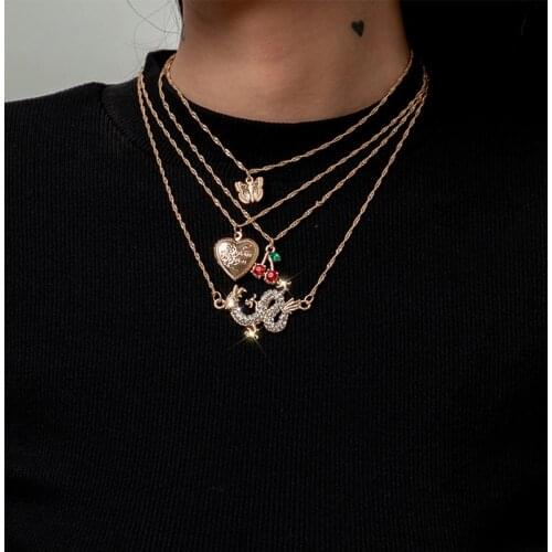 Sweet Fashion Crystal Cherry Butterfly Pendant Necklace Multilayer Necklace for Women Heart Dragon Necklace Jewelry Gifts