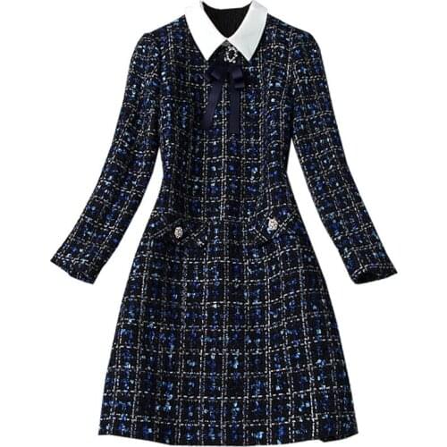 Fashion small fragrance Navy Blue Plaid Bow Tie Tweed Dress Autumn Winter Women Long Sleeve Diamonds Vintage Woolen Short Dress