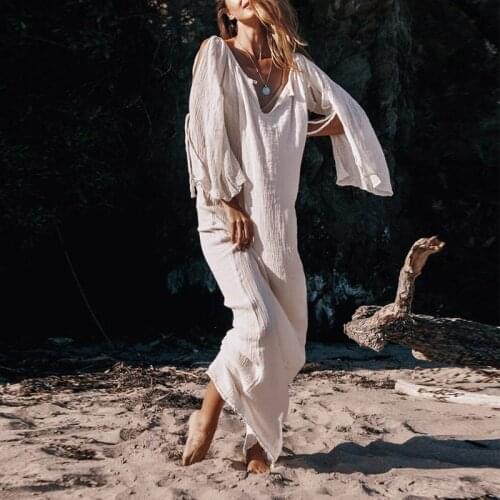 Elegant V Neck Women Long Dress Vintage Casual Solid Loose Boho Maxi Dress Sexy Slit Tie-Up Off Shoulder Lady Beach Party Dress