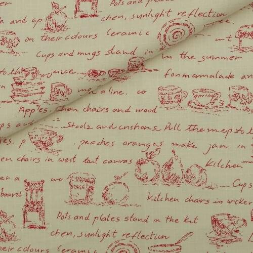 135cmx50cm Ripstop Cotton Linen Fabric for handmad, bed, bag, curtain - Cup chair and letter - red (LF121)