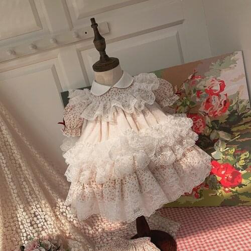 2PCS Baby Girl Summer Floral Lace Vintage Spanish Lolita Princess Ball Gown Dress for Girl Birthday Easter Party Causal Dress
