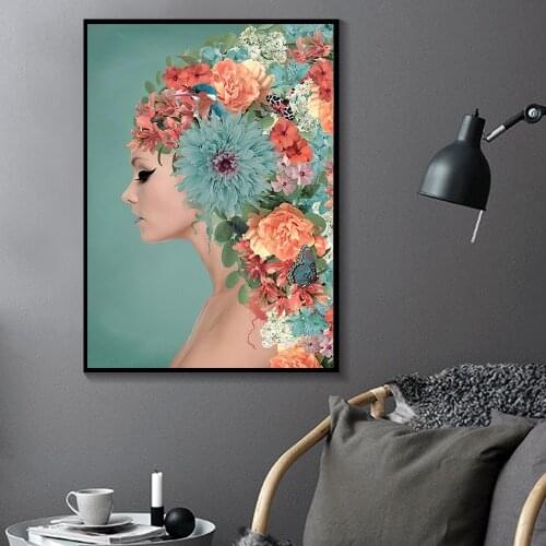 Abstract Blue Pink Flower Woman Sexy Canvas Painting Nordic Wall Art for Living Room Bedroom Bedside Home Decoration Unstretched