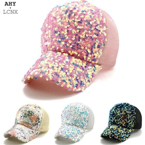 2020 Summer Women Baseball Cap Ponytail Hat Fashion Sequins Shiny Pink Hats Mesh Sun Visor Snapback Caps for Outdoor Activity