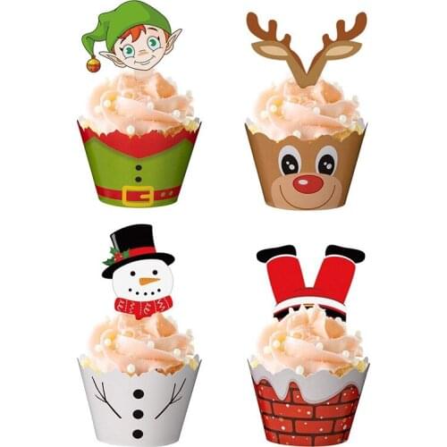 Santa Claus Snowman Elk Cupcakes 12pcs Wrapper +12pcs Toppers for New Year Merry Christmas Party Kids Favor Cupcakes Decoration
