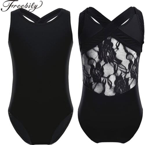 Kids Practice Dancewear Floral Lace Back Stretchy Sports Bodysuit Girls Ballet Gymnastics Leotard Competition Dance Costume