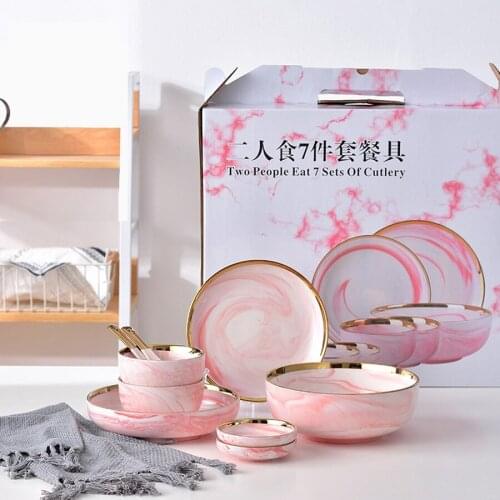 TWo People Eat Pink Marble Ceramic Dinner Dish Rice Salad Noodles Bowl home dish soup bowl taste dish rice bowl Dinnerware Sets