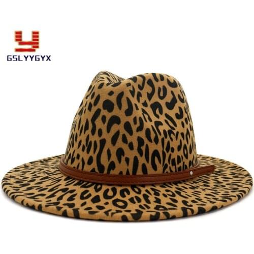 2020 Hot Sell High Quality Leopard Fall Winter Jazz Panama Fedora Hat with Wide Brim Camel Grey Beige Hat and Caps