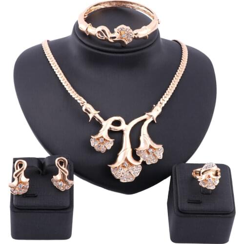 African Jewelry Sets Fine Wedding Gold Color Crystal Necklace Set Party Women Fashion Bridal Bangle Earrings Ring Accessories