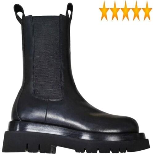 Cow Patform Fashion Genuine Women Leather Chelsea Slip On Round Toe Mid Calf High Top Shoes Winter Fleece Lining Boots