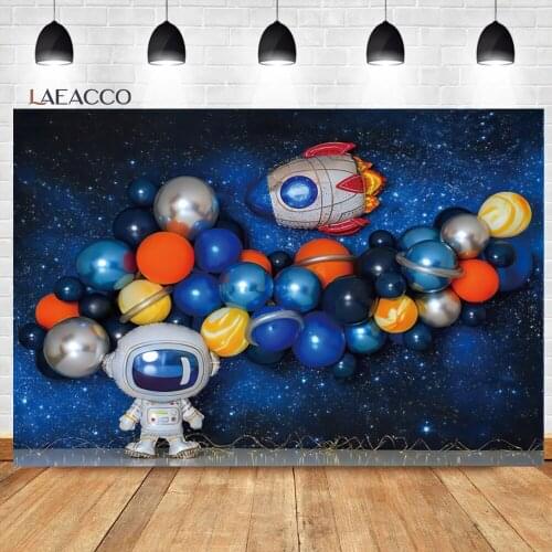 Laeacco Universe Space Cartoon Little Astronaut Rocket Shining Stars Background Baby Portrait Customized Photography Backdrops