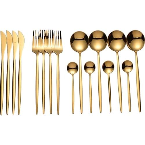 Lingeafey Gold Cutlery Tableware Spoon Set 16 Pcs Fork Spoon Knife Set Stainless Steel Kitchen Dinnerware Set for Weddings New