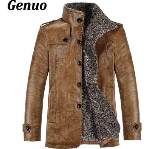 Genuo Leather Jacket Men Winter Thick Inner Wool PU Leather Coat Men Casual Thermal Stand Collar Faux Leather Coat Warm Jacket