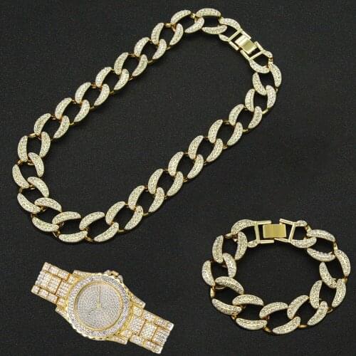3pcs Kit Hip Hop 19MM Full Iced Out Paved Rhinestone Choker Curb Cuban Rapper Necklace+Watch+Bracelet For Men Women Jewelry