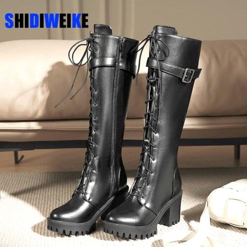 2021 New Combat Boots ladies Lace Up Gothic Black Sock Platform Boots Leather Motorcycle Knees High Boots Women Shoes Botas Muje