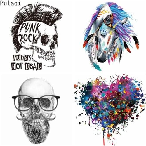 Pulaqi Punk Skull Patch Iron on Transfer Patches for Clothes Stripes Applique Thermal Heat Transfer Vinyl Stickers Badge DIY