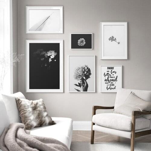 Modern Fashion Poster Black White Canvas Print Floral Peony Wall Art Painting Feather Quotes Picture for Living Room Home Decor