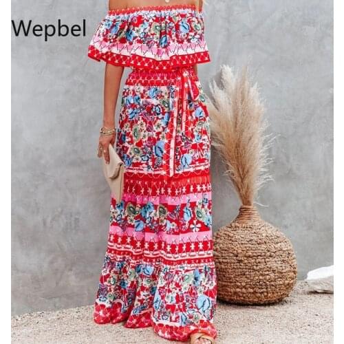 Wepbel Large Hem Dress Slash Collar Beho Women Dress Off-Shoulder Printed Long High Waist Beach Style Vacation Long Dress