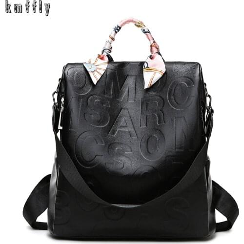 2021 Casual PU Leather Backpack With Silk Scarf Women Waterproof School Bags for Teenage Girls High Quality Travel Tote Packbag