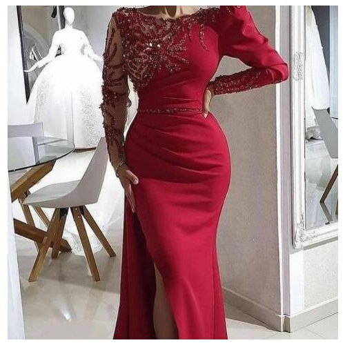 SuperKimJo Robe Femme Red Evening Dresses Long Sleeve Beaded Mermaid Elegant Arabic Formal Evening Gown Abendkleider