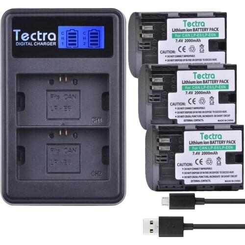 Tectra 3pcs LP-E6 LP-E6N Replacement Bateria+LCD USB Dual Charger for Canon EOS 5D 5D2 5DS R Mark II 2 /III 3 6D 60D 60Da 7D 7D2