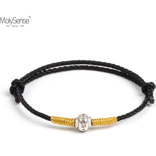 Molysense Handmade Tibetan Om Mani Padme Hum Silver Color Metal Thread Lucky Black Rope Bracelet & Bangles For Men Bracelets