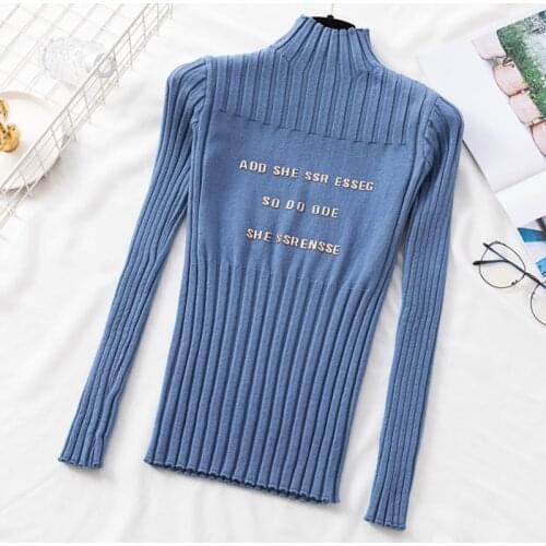 Bronzing Letter Long sleeve Women Turtleneck pullovers 2020 Autumn Winter High elasticity sweaters feminine Ribbed Knitted Tops