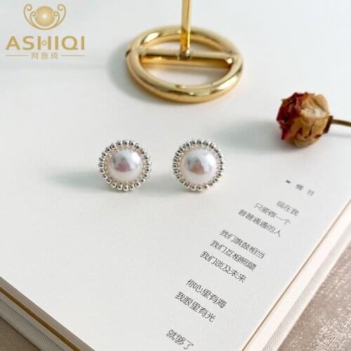 ASHIQI Real Natural Freshwater Pearl 925 Sterling Silver Stud Earrings Fashion Personality Womens Jewelry Gift
