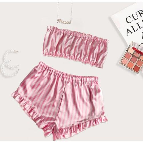 Ladies Sexy Pink Strip Pajamas Pants Set Temptation SexyTube Top Cute Pajamas Set lingerie femme sexy нижнее белье для женщин